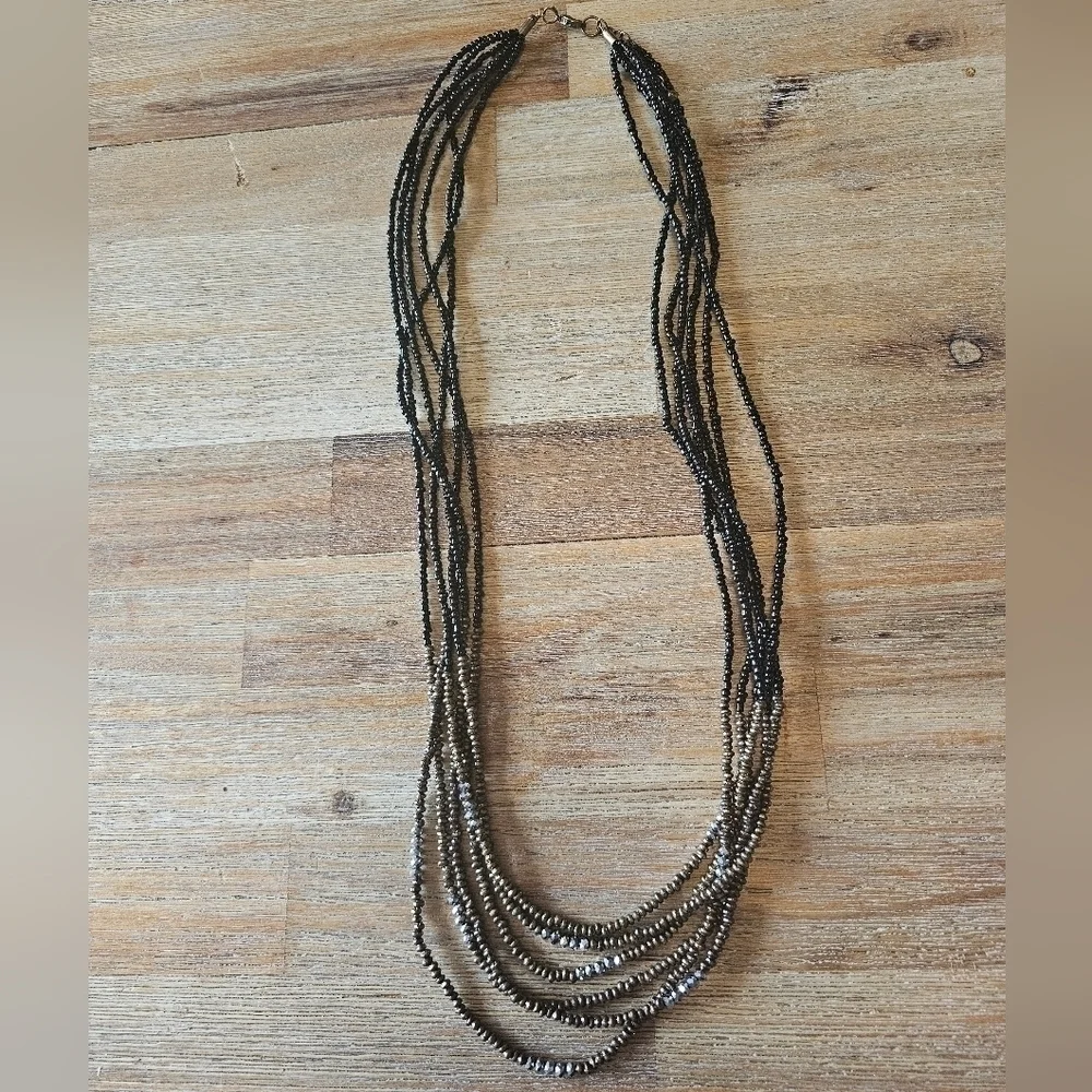 Black Seed Bead Necklace Reflective Dark Gold Metal Long Necklace